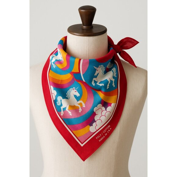 Vintage 1970s Rainbow Unicorn Bandana – Made in USA Poly Cotton Red Scarf - Picture 4 of 4
